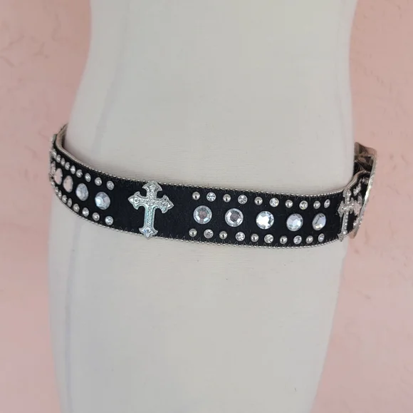 CW Country Western Crystal & Rhinestone Studded Leather Black Belt - Picture 3 of 13